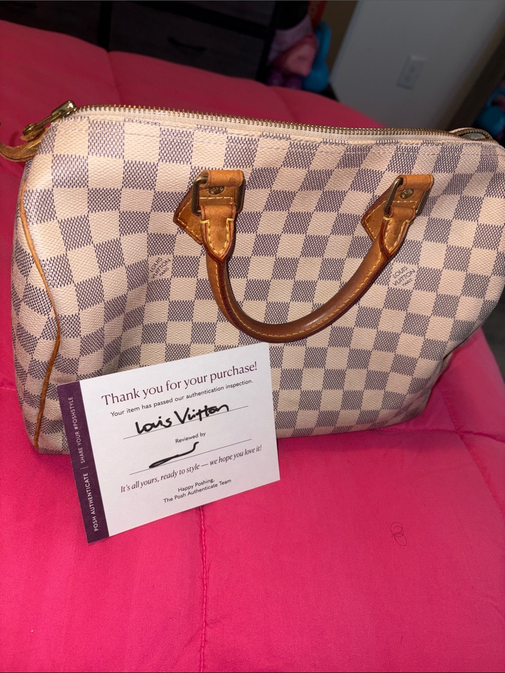 Louis Vuitton Damier Azur Canvas Satchel with Tan Leather Trim